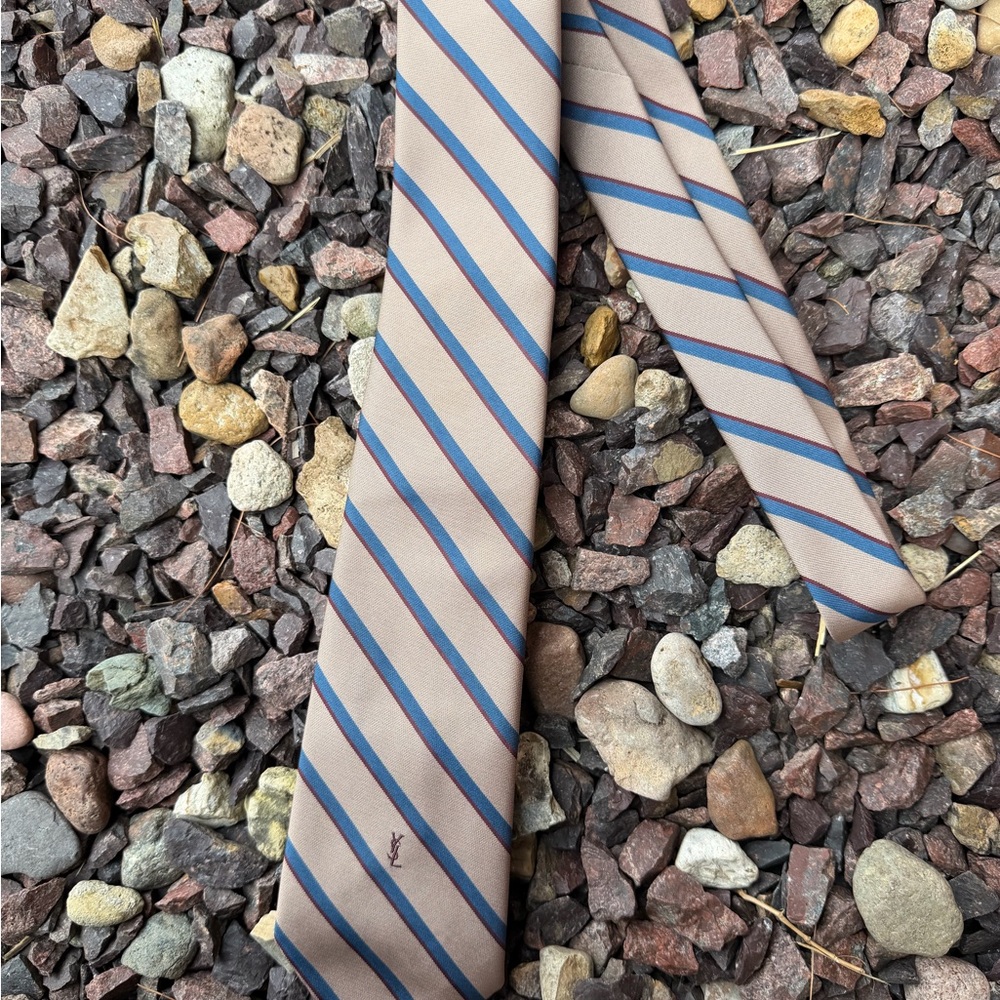 Yves Saint Laurent Beige Tie with Blue and Red Diagonal Stripes